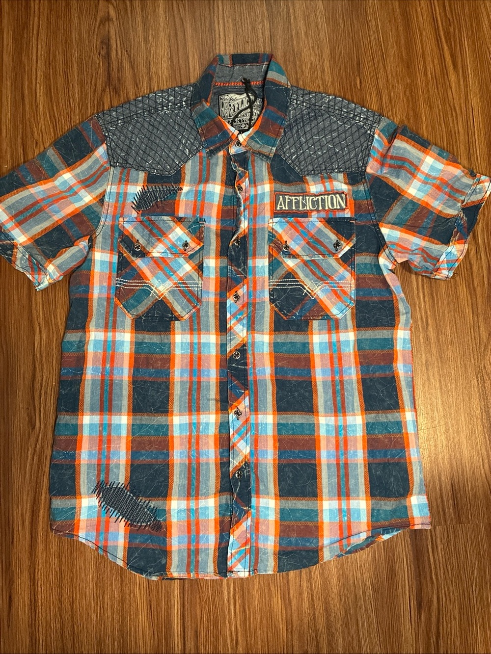 Affliction Men’s Short-Sleeve Plaid Button-Down Shirt in Blue, Orange & White